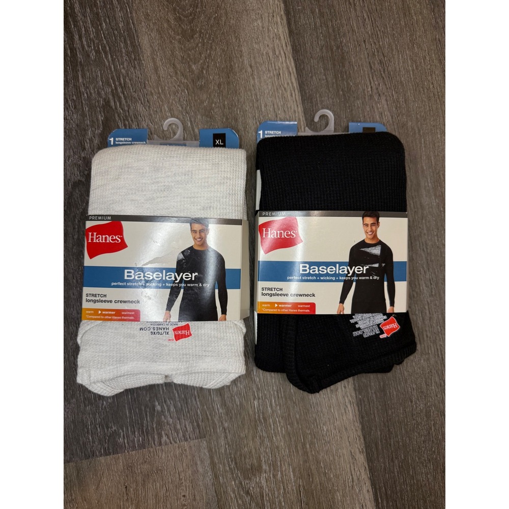 Hanes Premium Baselayer Mens XL 2 Pack Black White Stretch Thermal Crewneck Tops